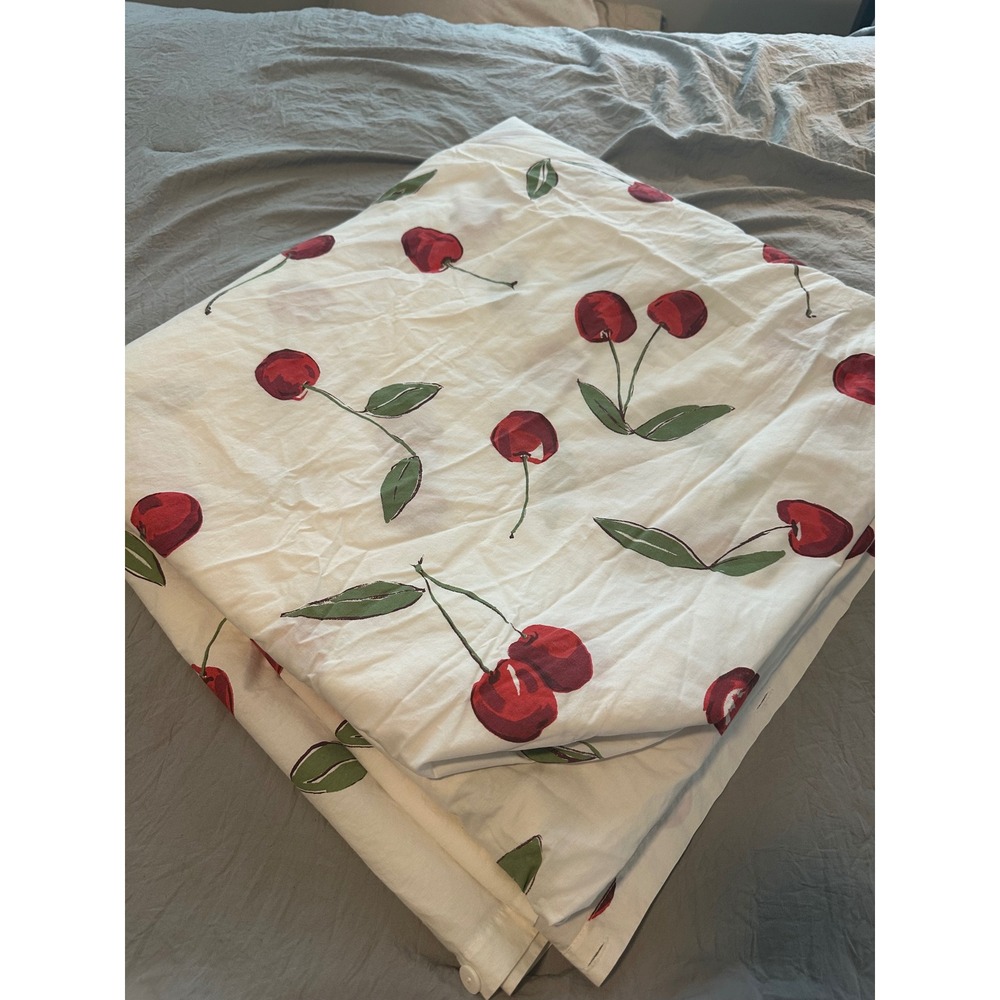 Pottery Barn King Red Cherry Print White Cotton Duvet Cover Button Closure Retro